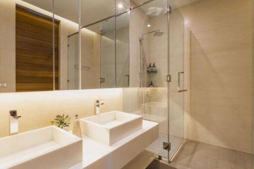 Modern bathroom with glass-enclosed shower and dual sinks