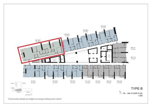 Type B floor plan for 7th to 19th floors