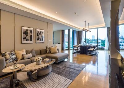 Modern living room with stylish decor and dining area