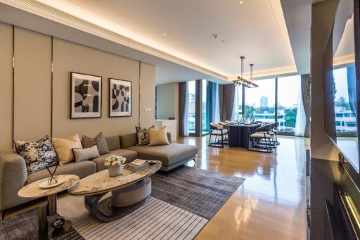 Modern living room with stylish decor and dining area