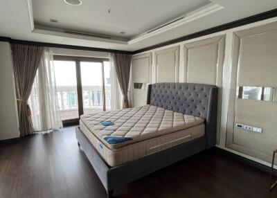 Spacious bedroom with large bed and balcony access