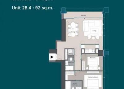 Floor plan showing units 2B.2 and 2B.4 with respective areas of 90 sq.m. and 92 sq.m.