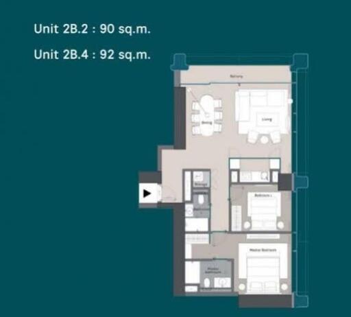 Floor plan showing units 2B.2 and 2B.4 with respective areas of 90 sq.m. and 92 sq.m.