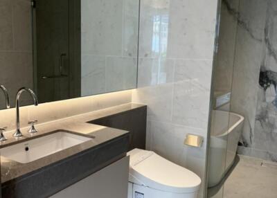 Modern bathroom with glass shower and integrated toilet and sink