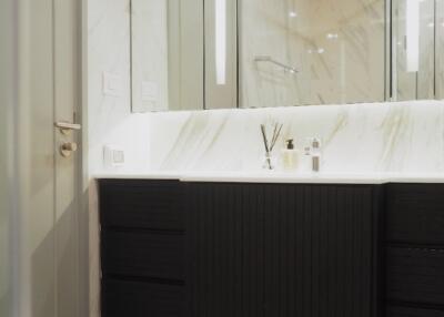 Modern bathroom with black vanity and large mirror