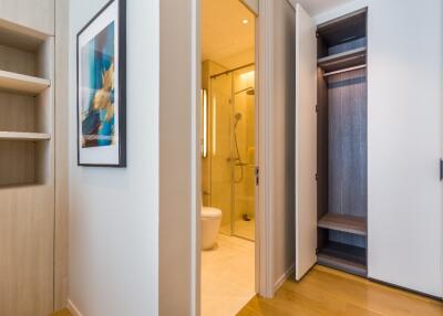 Modern bathroom with shower and built-in storage