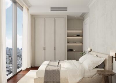 Modern bedroom with large windows, built-in storage, and a city view