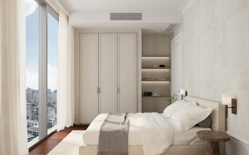 Modern bedroom with large windows, built-in storage, and a city view