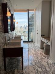 Modern bathroom with a city view