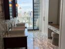 Modern bathroom with a city view