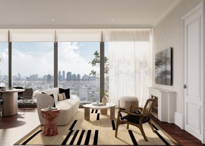 Modern living room with large windows and city view