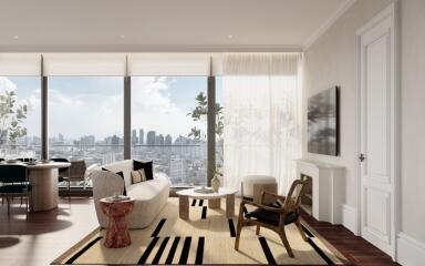 Modern living room with large windows and city view