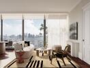 Modern living room with large windows and city view