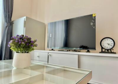 Modern living room with TV, clock, and decorative plant