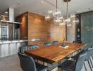 modern dining area with wooden table and stylish chandelier