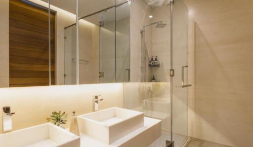 Modern bathroom with glass shower and dual white sinks.