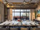 Elegant dining room with modern chandelier and large windows