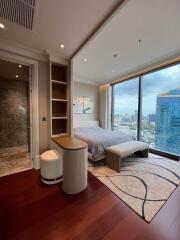 Modern bedroom with large windows and city view