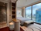 Modern bedroom with large windows and city view