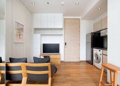 Modern living area with TV, kitchenette, and door