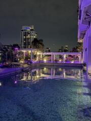 Outdoor pool area at night