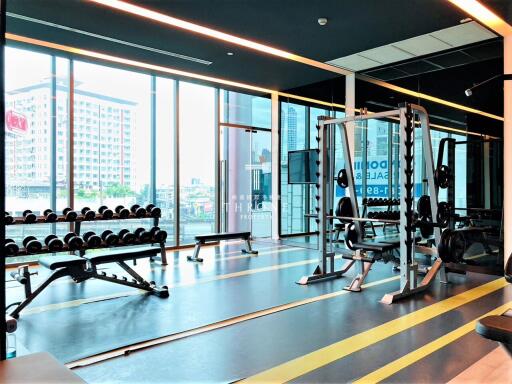 Modern gym with equipment and city view