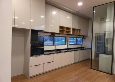 Modern kitchen with built-in appliances and large windows