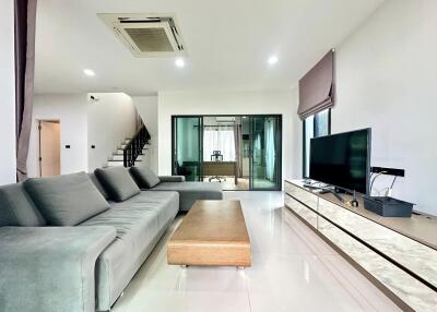 Modern living room with gray sofa and TV