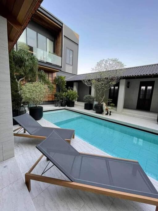 Modern outdoor area with a swimming pool and loungers