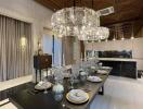 Elegant dining room with modern chandelier and dining setup