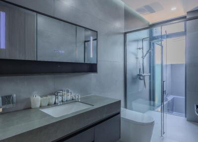 Modern bathroom with sleek fixtures and glass shower