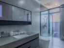 Modern bathroom with sleek fixtures and glass shower