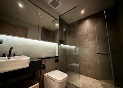 Modern bathroom with glass shower and vanity