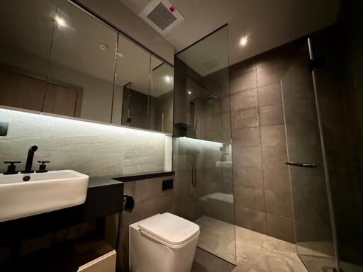 Modern bathroom with glass shower and vanity