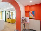 Colorful living room with arched doorway and modern decor