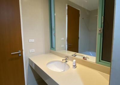 Modern bathroom with large mirror, sink, and wooden door