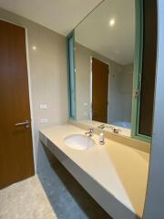 Modern bathroom with large mirror, sink, and wooden door