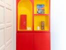 Custom built-in shelving with vibrant colors