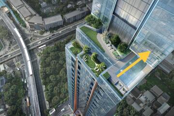 High-rise apartment building with rooftop garden and pool