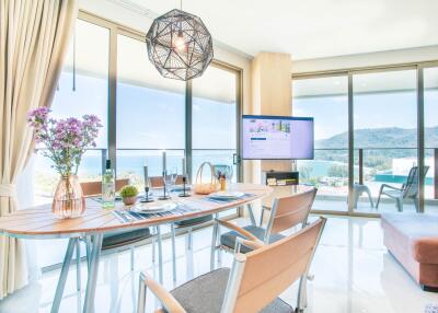 Modern dining area with a scenic view