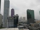 View of city skyline with tall buildings