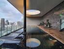 Luxury indoor swimming pool area with a city view