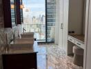 modern bathroom with dual sinks and city view