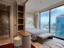 Modern bedroom with large windows and city view