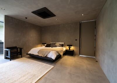 Modern bedroom with minimalist design and cozy lighting