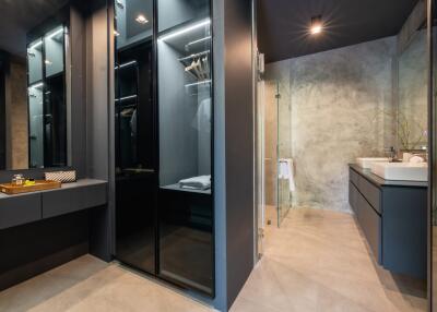 Modern bathroom with vanity, glass shower, and closet