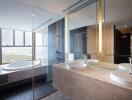 Modern bathroom with double sinks and a bathtub