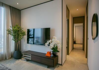 Modern living room with flat-screen TV and indoor plants