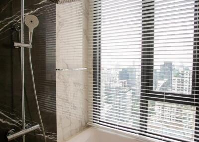 Modern bathroom with shower and large window