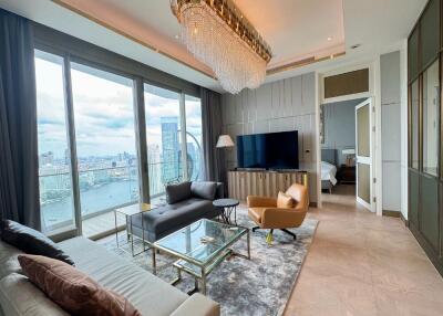 Modern living room with a city view